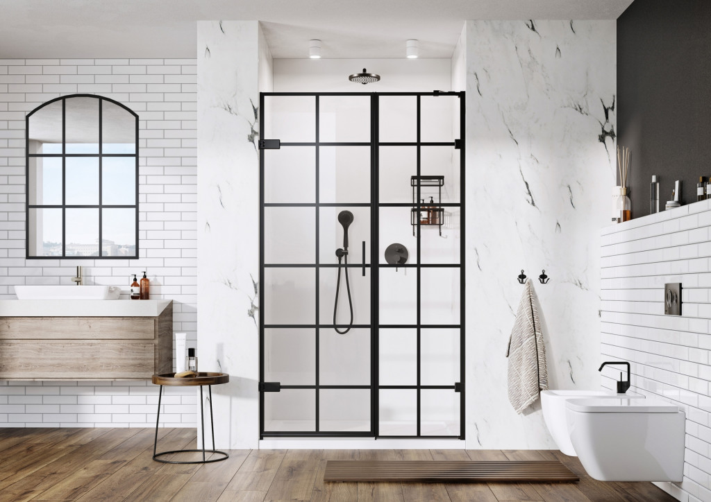 Liberty Black Grid Hinged Door Alcove